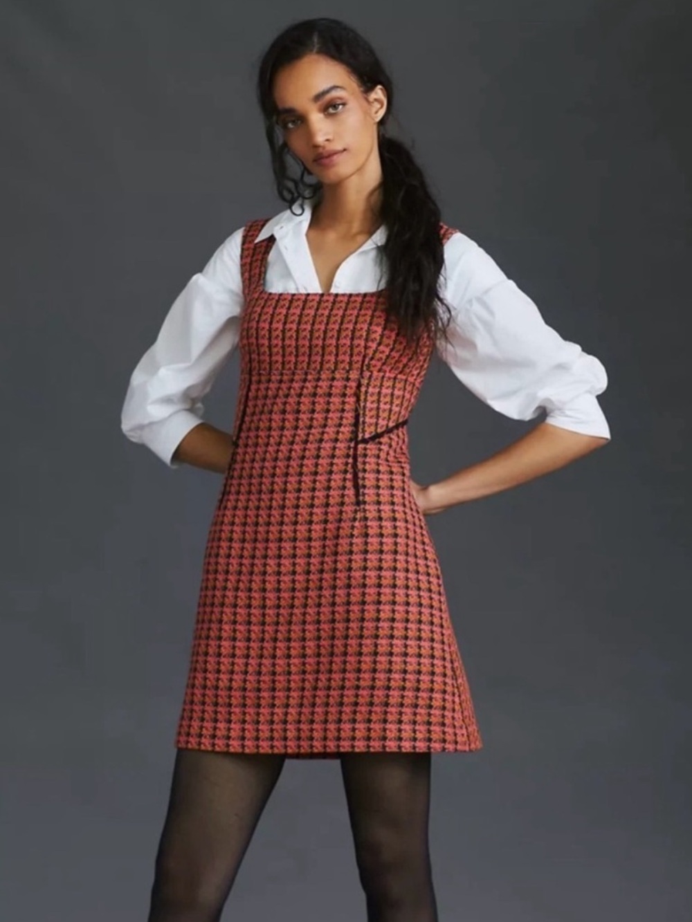 Maeve Pink Coral green Houndstooth tweed square neck mini 6P lined Dress